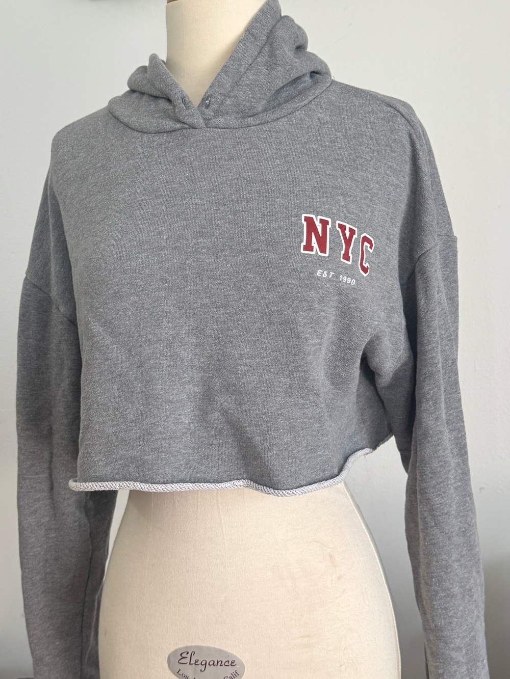 NYC Heather Gray Cropped Hoodie with Red Lettering